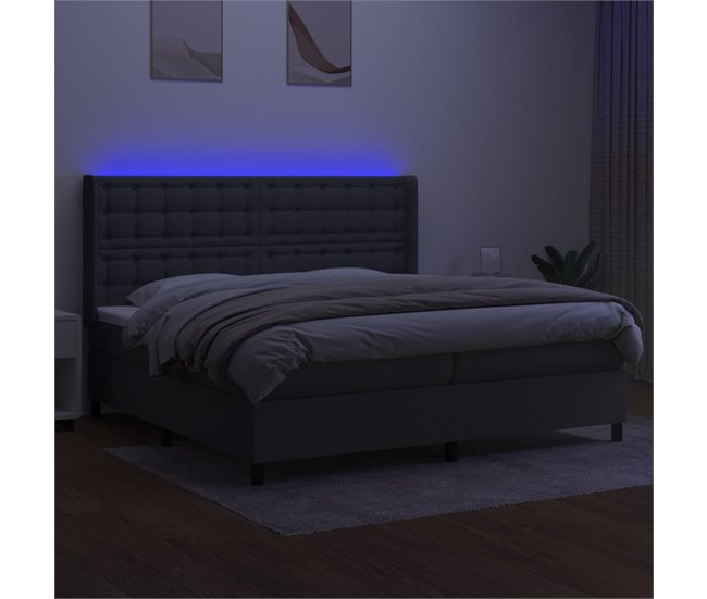 Conforama Cama Box Spring Colchón Y Luces LED Tela Gris Claro 200x200 Cm Botones