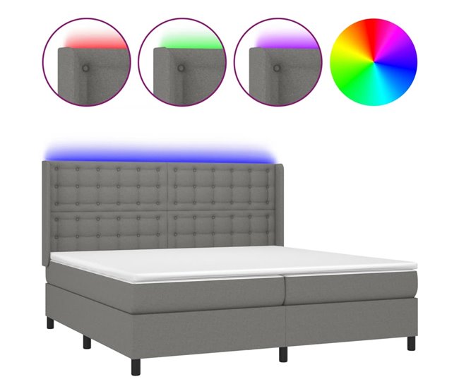 Conforama Cama box spring colchón y luces LED tela gris claro 200x200 cm Botones