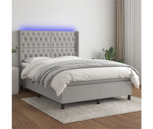 Conforama Cama Box Spring Colchón Y Luces LED Tela Gris Claro 140x200 Cm Diseño De Botones