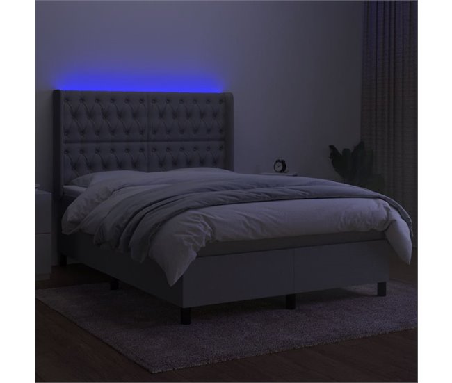 Conforama Cama Box Spring Colchón Y Luces LED Tela Gris Claro 140x200 Cm Diseño De Botones