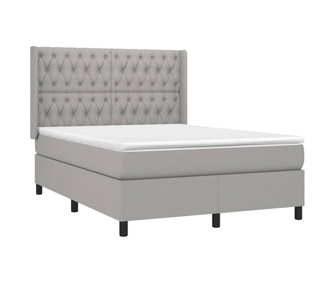 Conforama Cama Box Spring Colchón Y Luces LED Tela Gris Claro 140x200 Cm Diseño De Botones