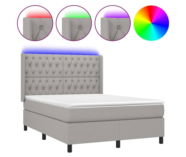 Conforama Cama box spring colchón y luces LED tela gris claro 140x200 cm Diseño de botones