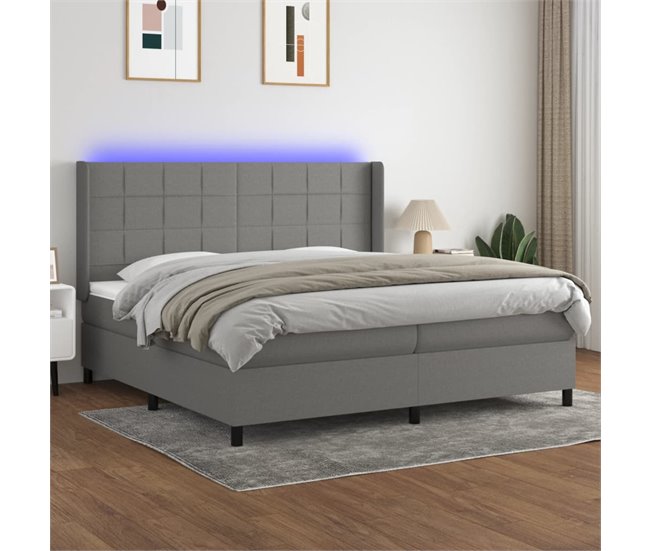 Conforama Cama Box Spring Colchón Y Luces LED Tela Gris Claro 200x200 Cm Bloques Con Cuadros