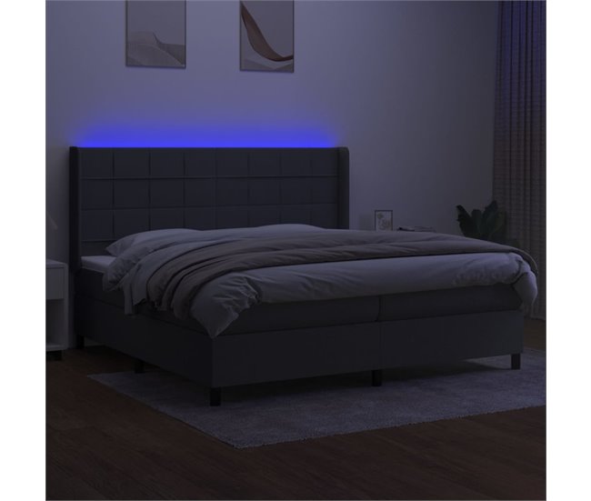 Conforama Cama Box Spring Colchón Y Luces LED Tela Gris Claro 200x200 Cm Bloques Con Cuadros
