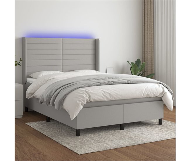 Conforama Cama Box Spring Colchón Y Luces LED Tela Gris Claro 140x200 Cm Rayas Horizontales