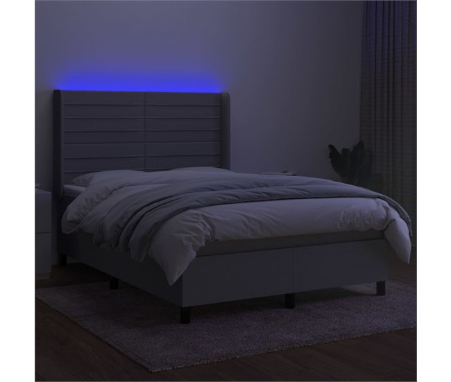 Conforama Cama Box Spring Colchón Y Luces LED Tela Gris Claro 140x200 Cm Rayas Horizontales