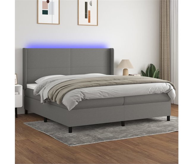 Conforama Cama Box Spring Colchón Y Luces LED Tela Gris Claro 200x200 Cm Diseño Plano