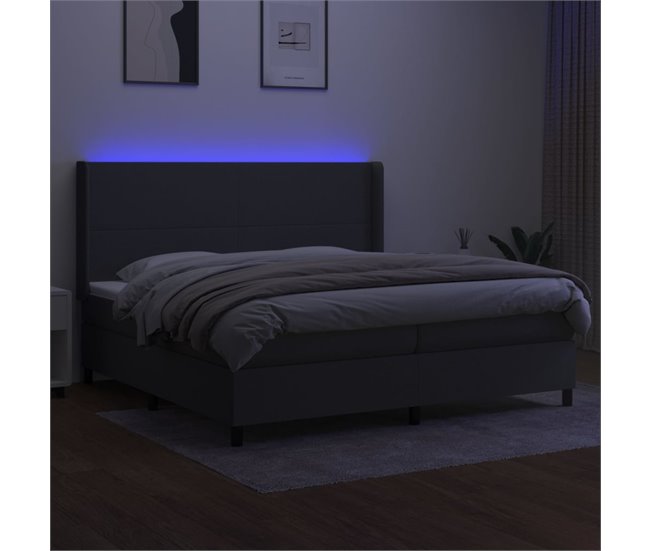 Conforama Cama Box Spring Colchón Y Luces LED Tela Gris Claro 200x200 Cm Diseño Plano