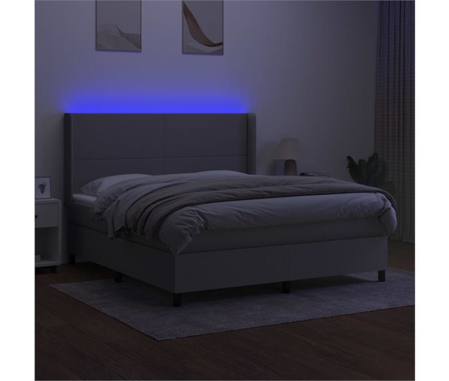 Conforama Cama Box Spring Colchón Y Luces LED Tela Gris Claro 180x200 Cm Diseño Plano