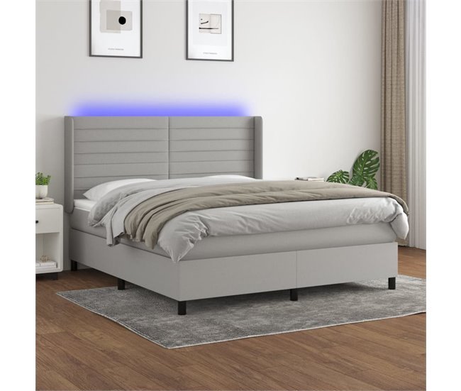 Conforama Cama Box Spring Colchón Y Luces LED Tela Gris Claro 180x200 Cm Rayas Horizontales