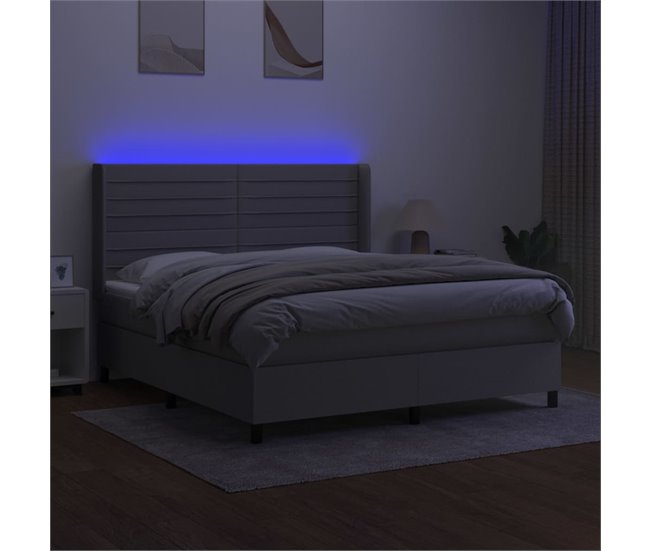Conforama Cama Box Spring Colchón Y Luces LED Tela Gris Claro 180x200 Cm Rayas Horizontales