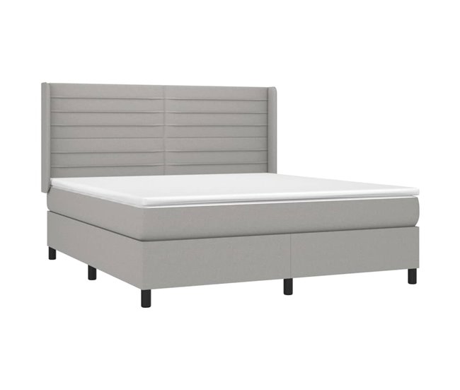 Conforama Cama Box Spring Colchón Y Luces LED Tela Gris Claro 180x200 Cm Rayas Horizontales