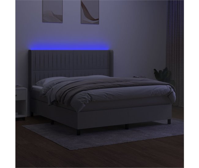 Conforama Cama Box Spring Colchón Y Luces LED Tela Gris Claro 160x200 Cm Rayas Verticales