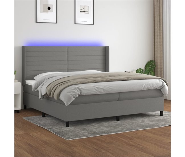Conforama Cama Box Spring Colchón Y Luces LED Tela Gris Claro 200x200 Cm Rayas Horizontales