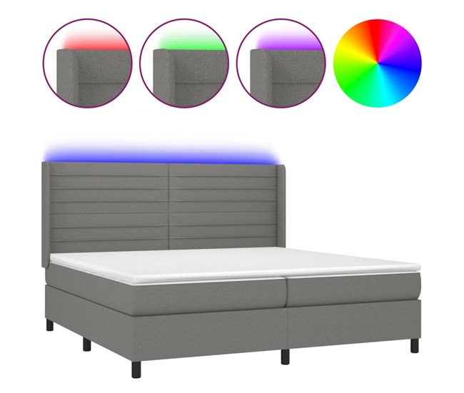 Conforama Cama box spring colchón y luces LED tela gris claro 200x200 cm Rayas horizontales