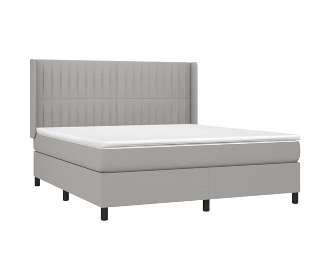 Conforama Cama Box Spring Colchón Y Luces LED Tela Gris Claro 180x200 Cm Rayas Verticales