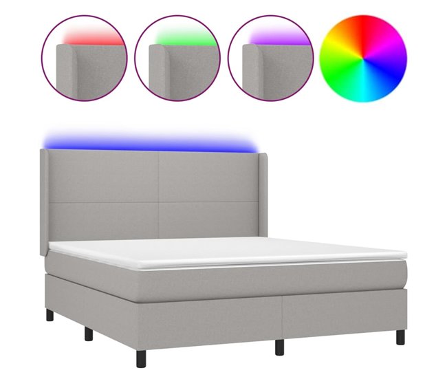 Conforama Cama box spring colchón y luces LED tela gris claro 160x200 cm Diseño plano