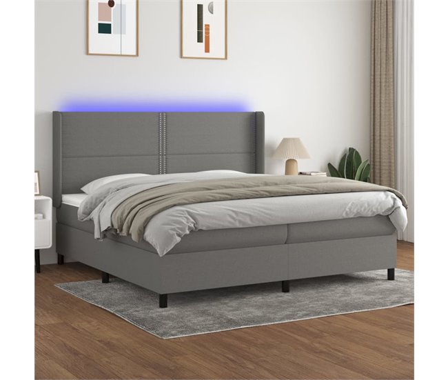 Conforama Cama Box Spring Colchón Y Luces LED Tela Gris Claro 200x200 Cm Liso Con Clavos