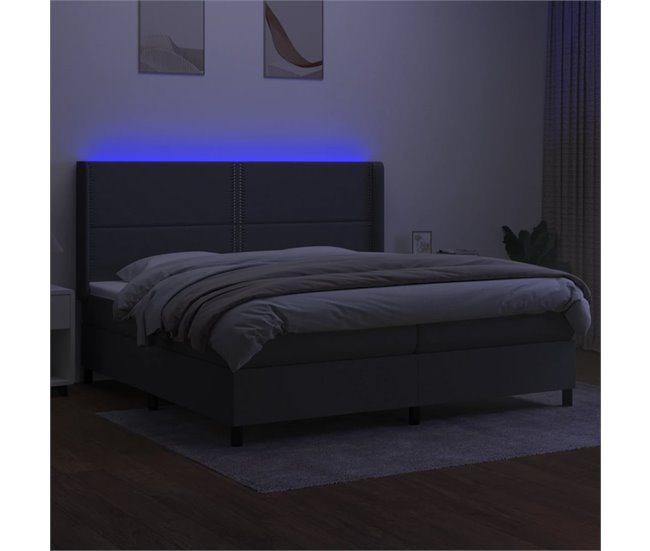 Conforama Cama Box Spring Colchón Y Luces LED Tela Gris Claro 200x200 Cm Liso Con Clavos