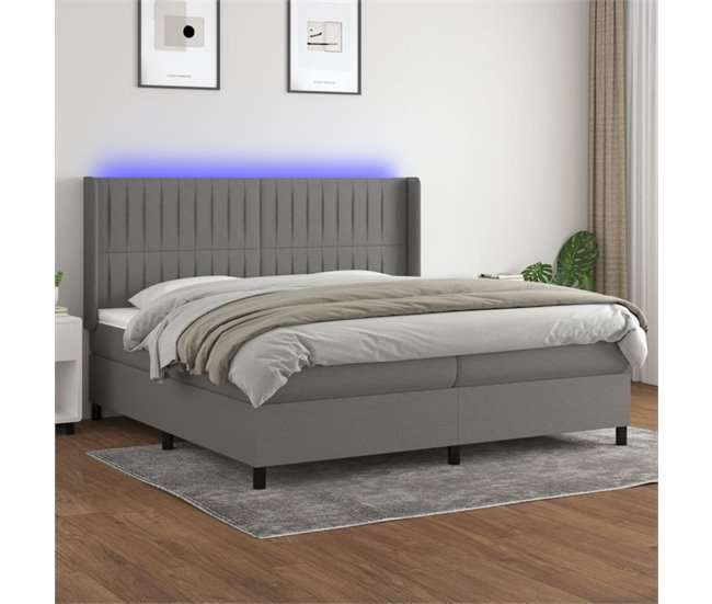 Conforama Cama Box Spring Colchón Y Luces LED Tela Gris Claro 200x200 Cm Rayas Verticales