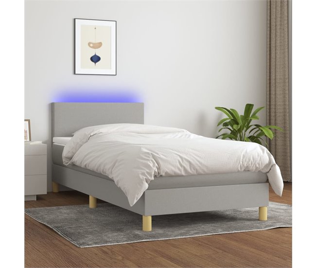 Conforama Cama Box Spring Colchón Y Luces LED Tela Gris Claro 80x200 Cm Diseño Plano