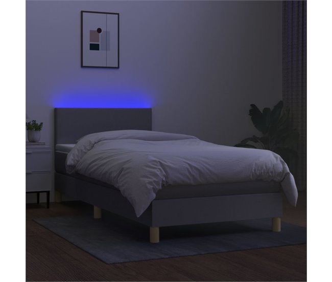 Conforama Cama Box Spring Colchón Y Luces LED Tela Gris Claro 80x200 Cm Diseño Plano