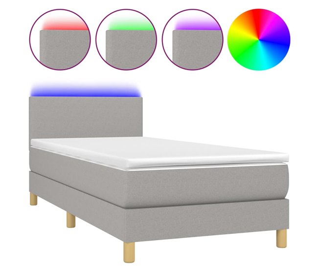 Conforama Cama box spring colchón y luces LED tela gris claro 80x200 cm Diseño plano