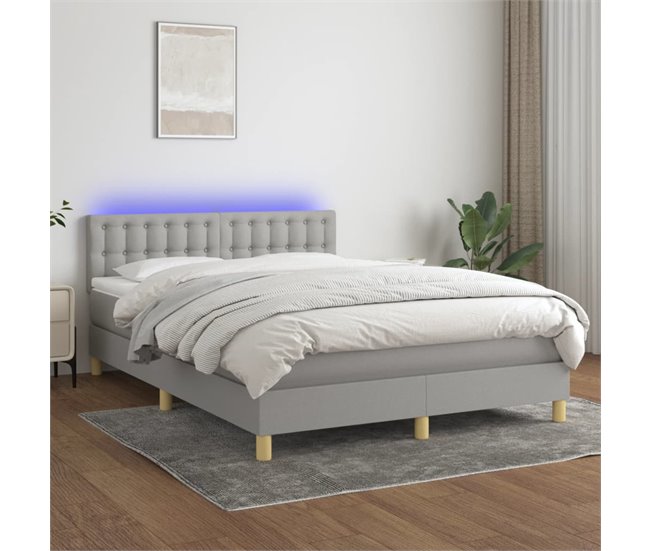 Conforama Cama Box Spring Colchón Y Luces LED Tela Gris Claro 140x200 Cm Botones