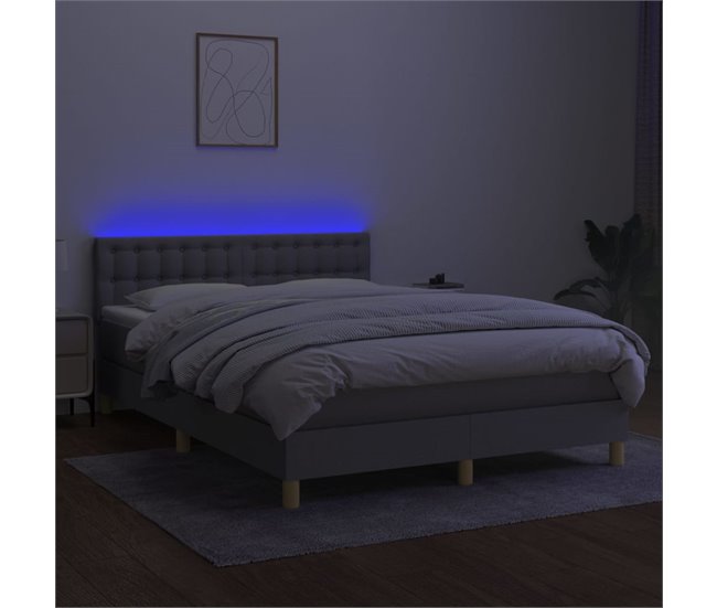 Conforama Cama Box Spring Colchón Y Luces LED Tela Gris Claro 140x200 Cm Botones