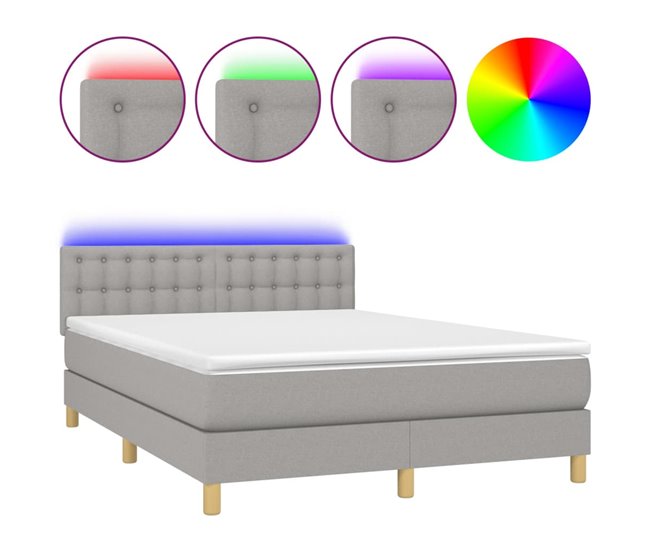 Conforama Cama box spring colchón y luces LED tela gris claro 140x200 cm Botones