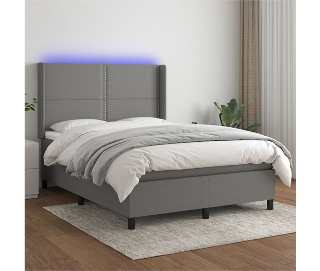 Conforama Cama Box Spring Colchón Y Luces LED Tela Gris Oscuro 140x200 Cm Liso Con Clavos