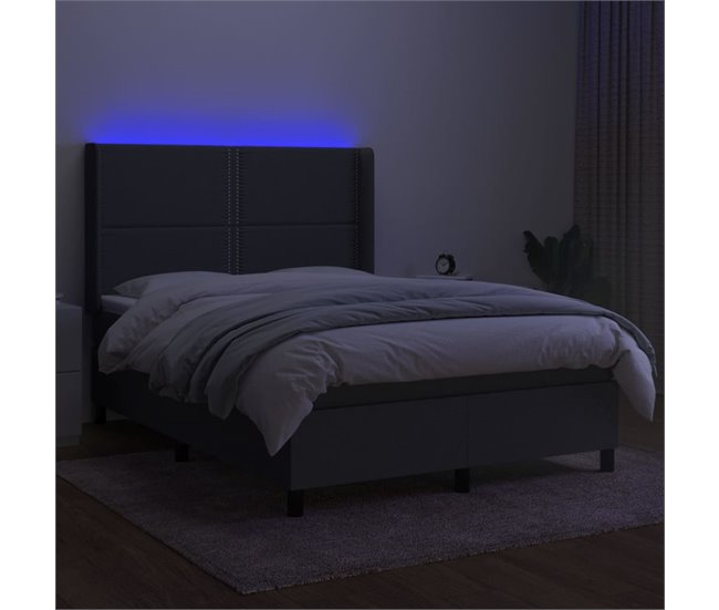 Conforama Cama Box Spring Colchón Y Luces LED Tela Gris Oscuro 140x200 Cm Liso Con Clavos