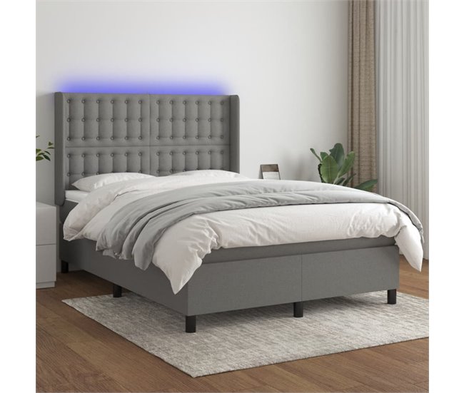 Conforama Cama Box Spring Colchón Y Luces LED Tela Gris Oscuro 140x200 Cm Botones