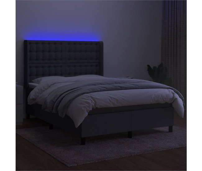 Conforama Cama Box Spring Colchón Y Luces LED Tela Gris Oscuro 140x200 Cm Botones
