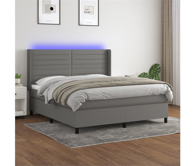 Conforama Cama Box Spring Colchón Y Luces LED Tela Gris Oscuro 160x200 Cm Rayas Horizontales