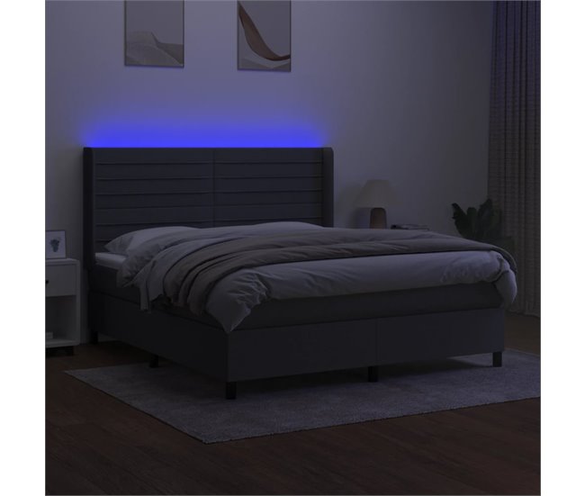 Conforama Cama Box Spring Colchón Y Luces LED Tela Gris Oscuro 160x200 Cm Rayas Horizontales