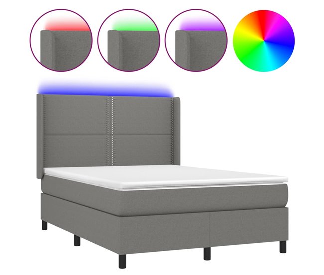 Conforama Cama box spring colchón y luces LED tela gris oscuro 140x200 cm Liso con clavos