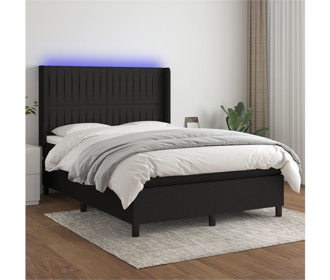 Conforama Cama Box Spring Colchón Y Luces LED Tela Negro 140x190 Cm Rayas Verticales