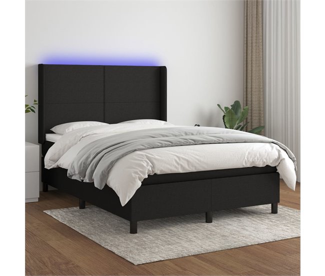 Conforama Cama Box Spring Colchón Y Luces LED Tela Negro 140x200 Cm Diseño Plano
