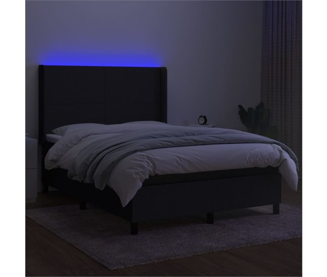 Conforama Cama Box Spring Colchón Y Luces LED Tela Negro 140x200 Cm Diseño Plano