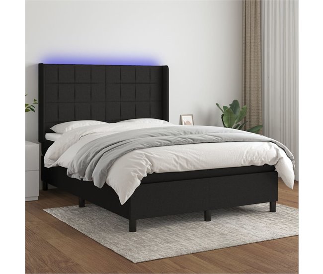 Conforama Cama Box Spring Colchón Y Luces LED Tela Negro 140x200 Cm Bloques Con Cuadros