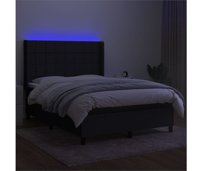 Conforama Cama Box Spring Colchón Y Luces LED Tela Negro 140x200 Cm Bloques Con Cuadros