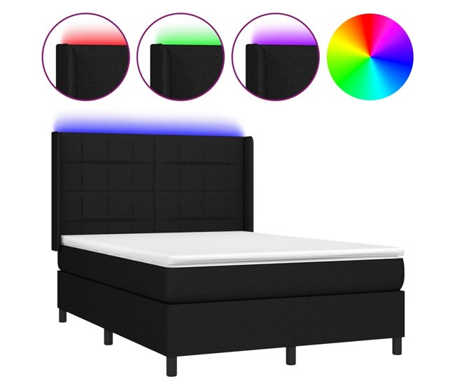 Conforama Cama box spring colchón y luces LED tela negro 140x200 cm Bloques con cuadros