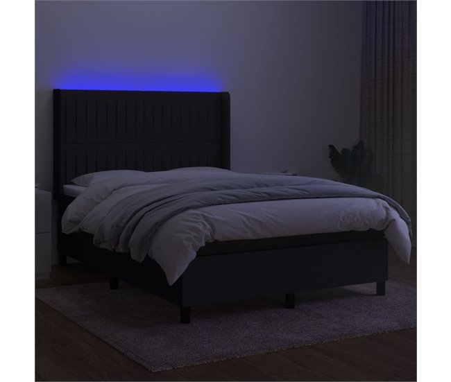 Conforama Cama Box Spring Colchón Y Luces LED Tela Negro 140x200 Cm Rayas Verticales