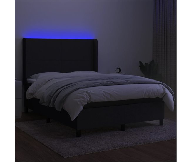 Conforama Cama Box Spring Colchón Y Luces LED Tela Negro 140x190 Cm Diseño Plano