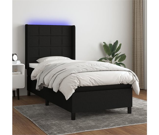Conforama Cama Box Spring Colchón Y Luces LED Tela Negro 90x190 Cm Bloques Con Cuadros
