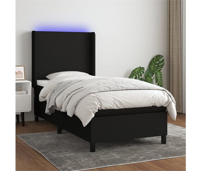 Conforama Cama Box Spring Colchón Y Luces LED Tela Negro 90x190 Cm Diseño Plano