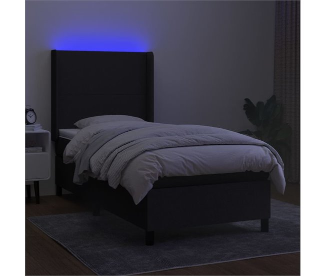 Conforama Cama Box Spring Colchón Y Luces LED Tela Negro 90x190 Cm Diseño Plano