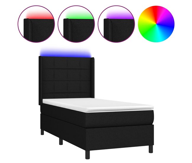 Conforama Cama box spring colchón y luces LED tela negro 90x190 cm Bloques con cuadros
