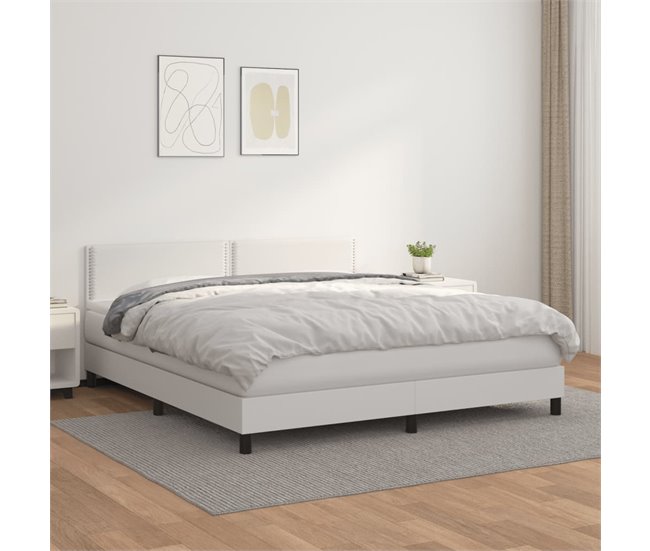 Conforama Cama Box Spring Con Colchón Cuero Sintético Blanco 180x200 Cm Liso Con Clavos